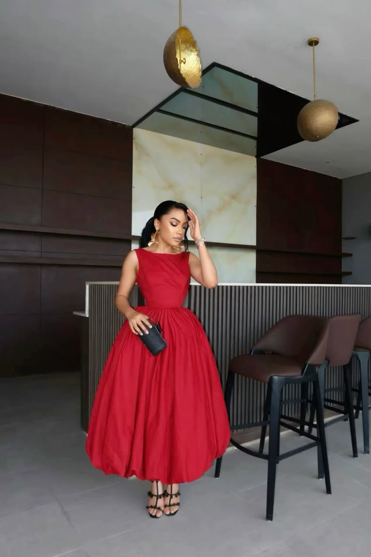Red A Line Red Midi Party Dress Formal Evening Dress
