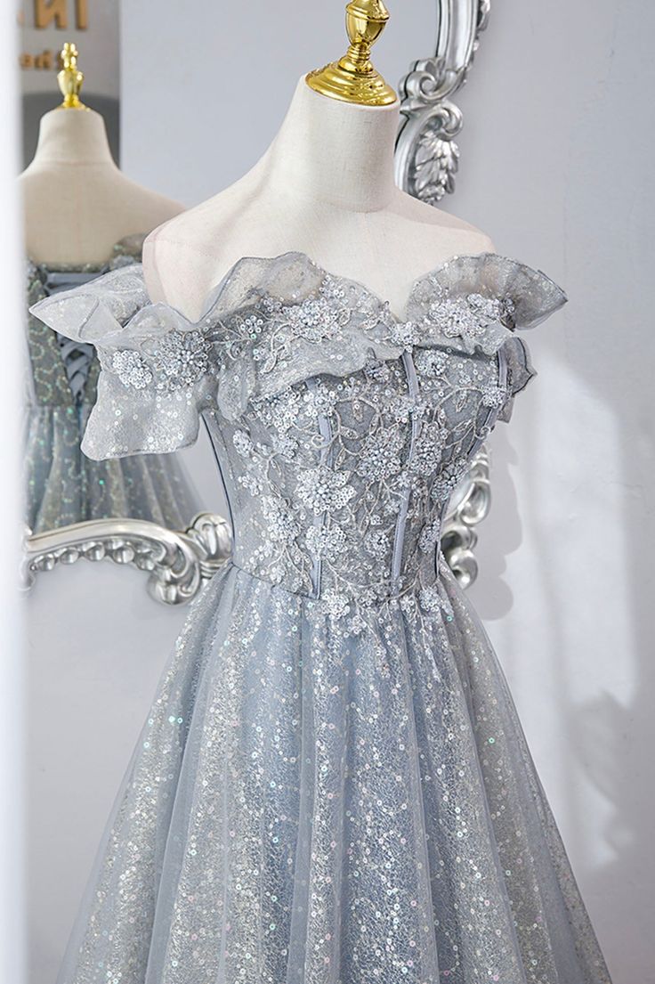 Tulle Lace Long Prom Dresses, A-Line Sequins Evening Dresses