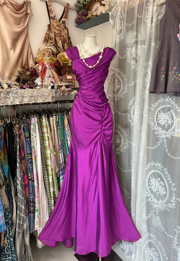 Mermaid Pleats Vintage Prom Dress Long Evening Dress