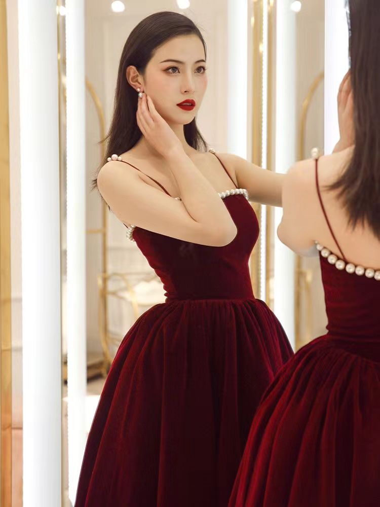 Spaghetti strap evening dress,red party dress,velvet prom dress