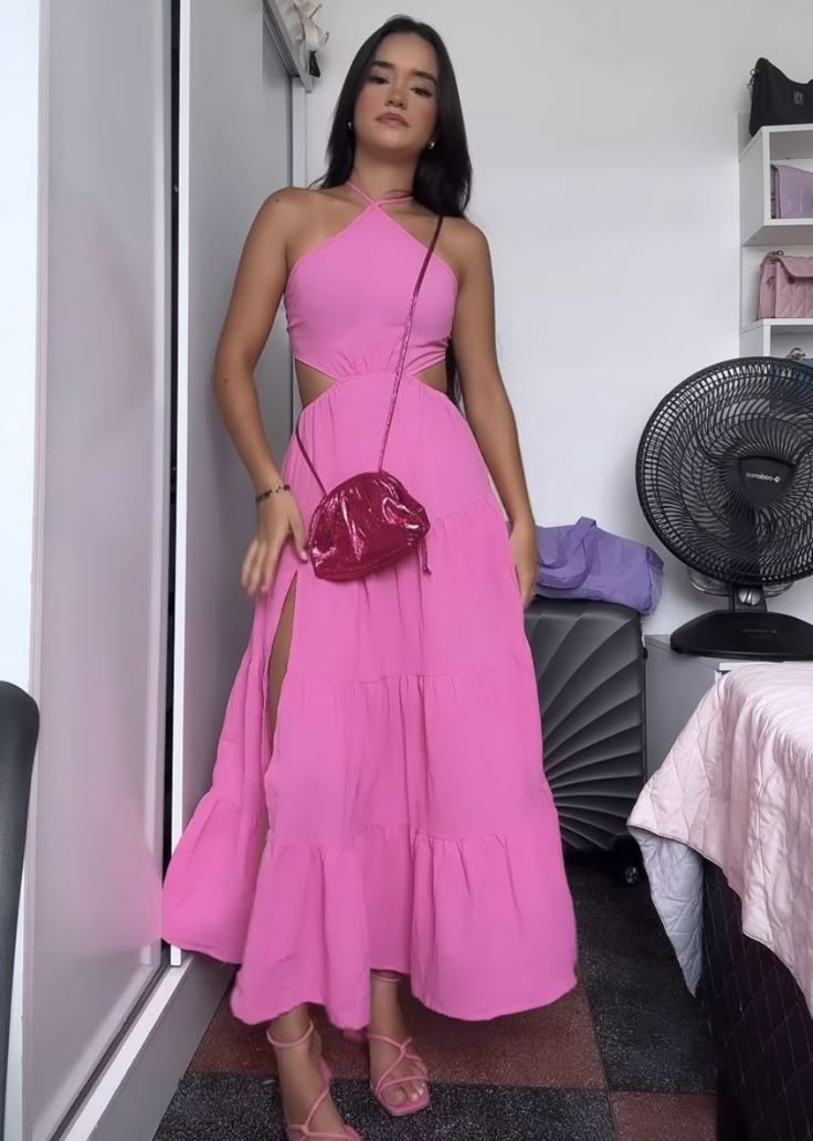 A Line Pink Halter Simple Formal Dress New Arrive Party Dress Evening Dress