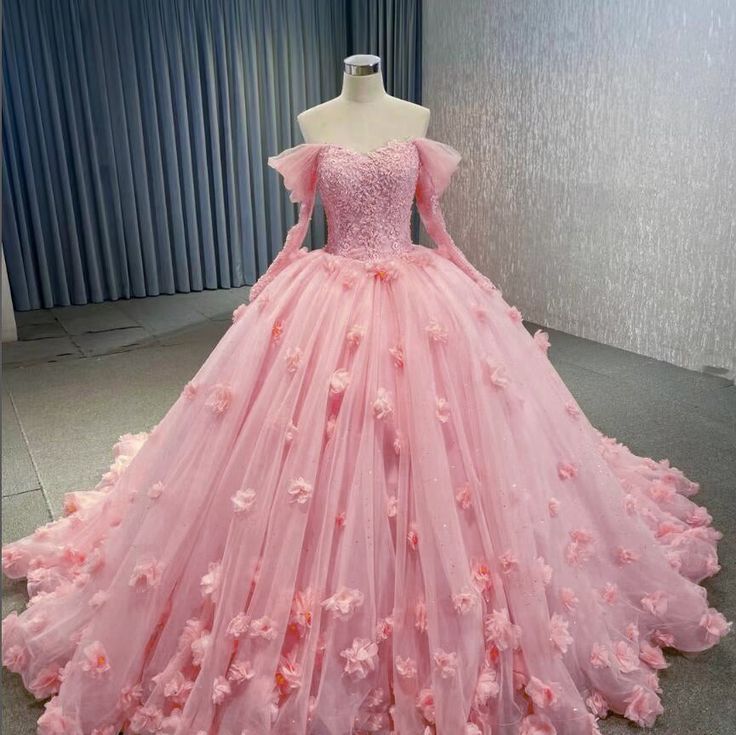 Pink Tulle Off the Shoulder Appliques Ball Gown Wedding Dress Sweet 16 Dresses