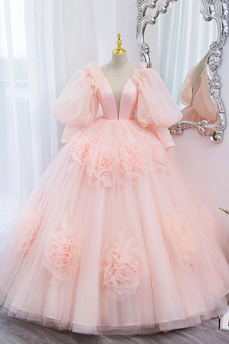 V-Neck Tulle Long Prom Dress, A-Line Puff Sleeve Princess Dress