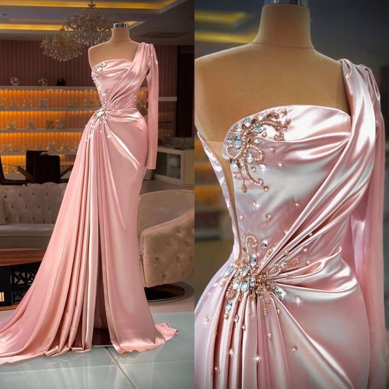 Pink Prom Dresses, Pink Evening Dresses, Strapless Prom Dresses, Beaded Prom Dresses, Pearls Prom Dresses