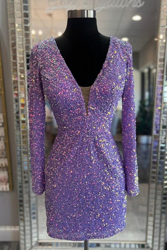 Lace-Up Sequins Plunging V Neck Long Sleeves Sheath Homecoming Dress