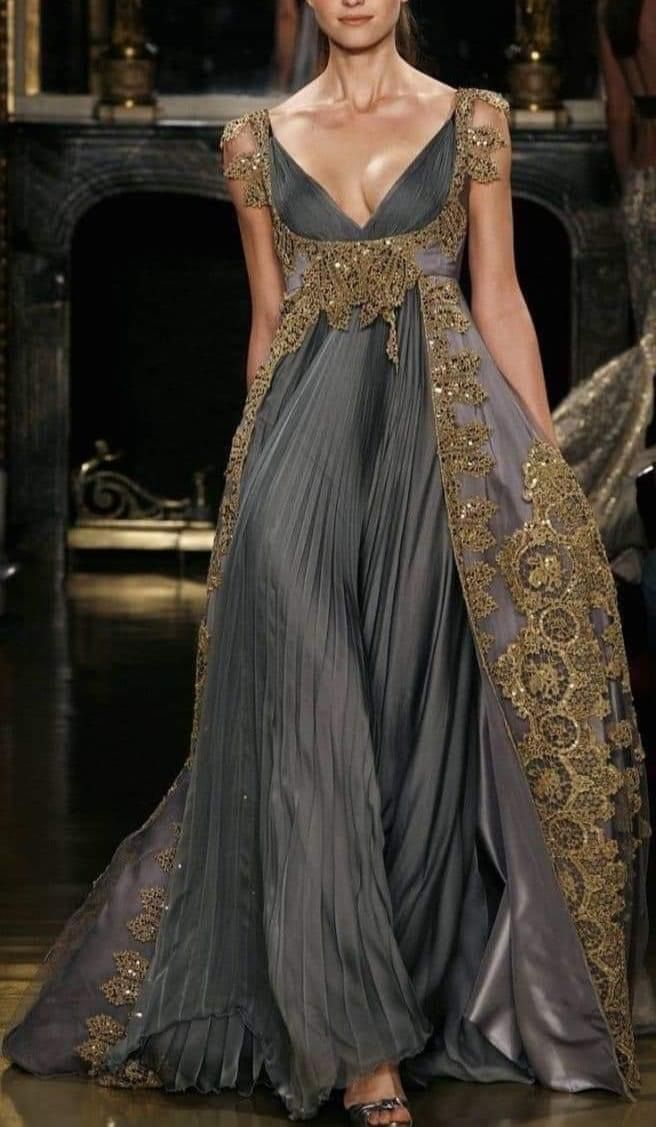 V Neck Dark Gray Evening Dress Classy Gold Lace Long Prom Dress