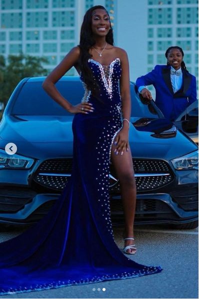 Royal Blue Mermaid Beading Crystals African Girl Prom Dresses Evening Dress