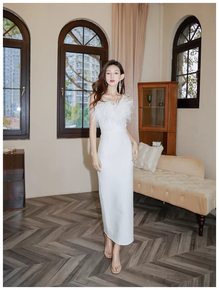 Chic Feathers Strapless White Satin Sheath Long Prom Dress Evening Dresses