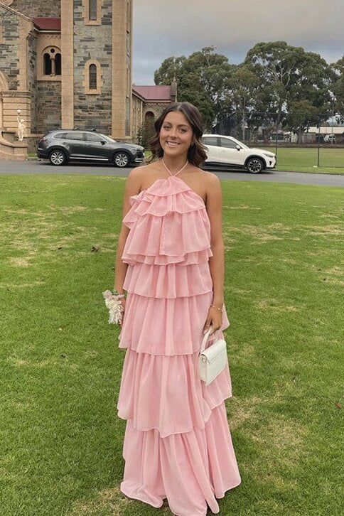 Halter Pink Layer Long Prom Dress Chiffon Birthday Dress