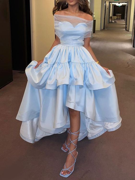 Blue Satin Mid-Length Dress for Women Custom Made Evening Dresses