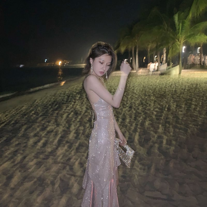 Fashion Sequin Dress Women Sexy Backless Spaghetti Strap Dresses Elegant Evening Party Dress