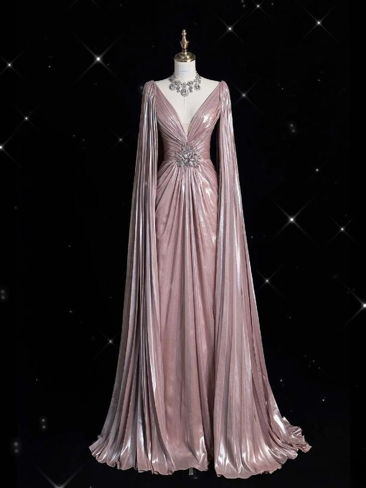 Luxury A-line Evening Prom Dress Long Sleeve V-neck Shiny Custom Made Party Gowns