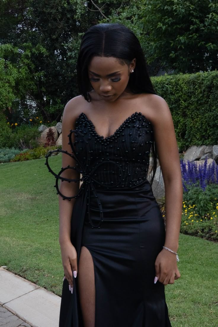 Black Strapless Pearls Prom Party Dress Formal Evening Dress