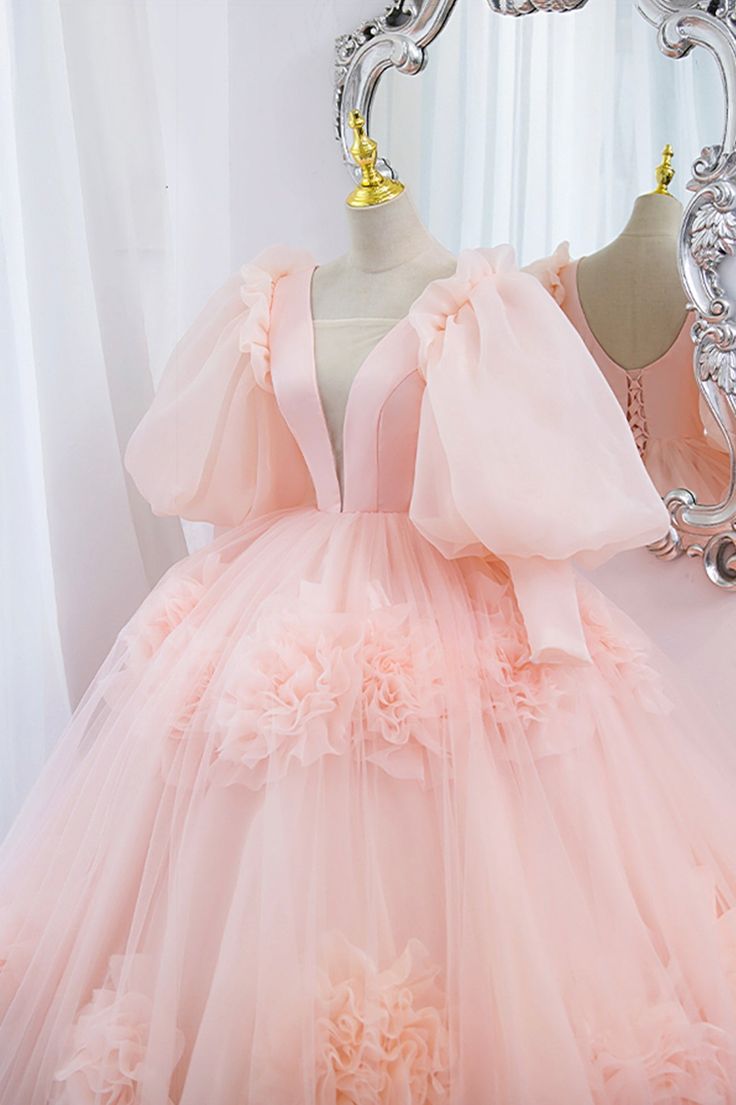 V-Neck Tulle Long Prom Dress, A-Line Puff Sleeve Princess Dress