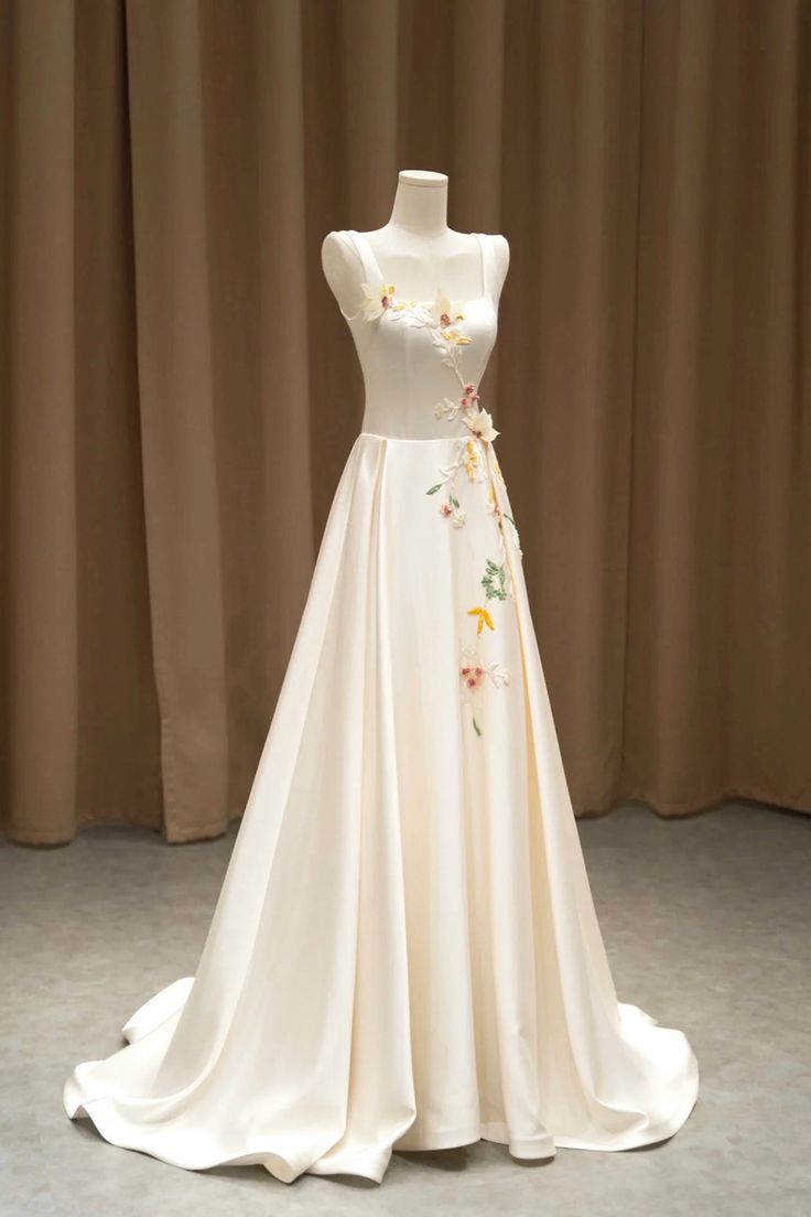 Elegant Satin Floor Length Formal Dress with 3D Flowers, Light Champagne A-Line Evening Party Dress