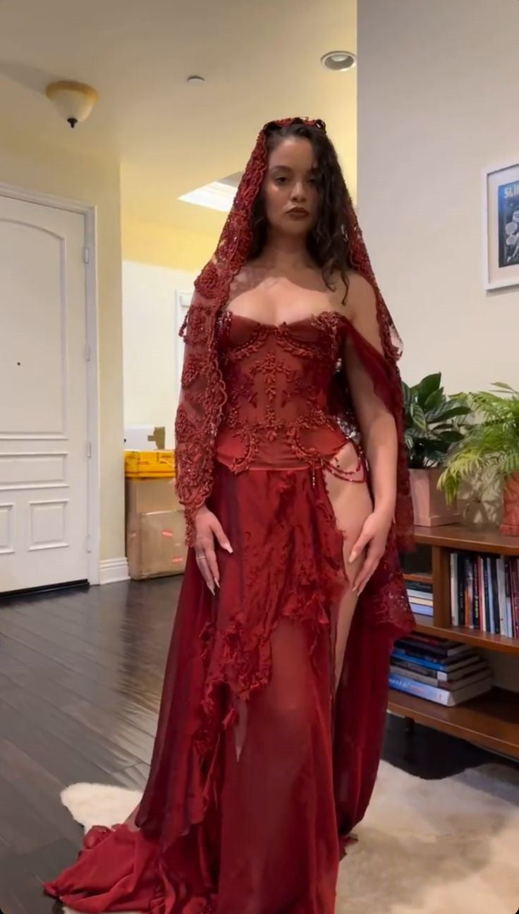 Burgudny Off Shoulder Long Dress Evening Party Dress