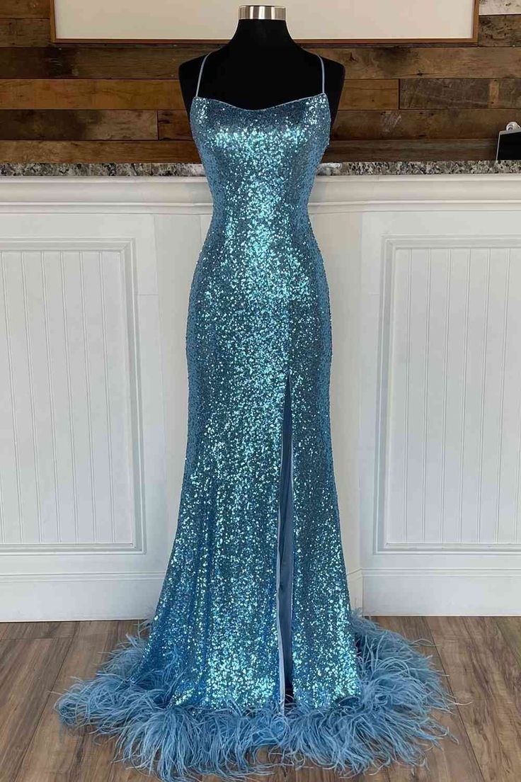 Long Sequined Straps Prom Dress with Feather Hem