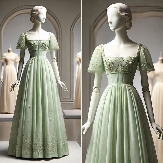 Green Tulle with Short Sleeves Formal Dress, Green Sweet Gown
