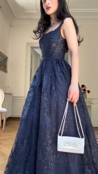 A Line Navy Blue Elegant Birthday Party Dress Long Evening Dress
