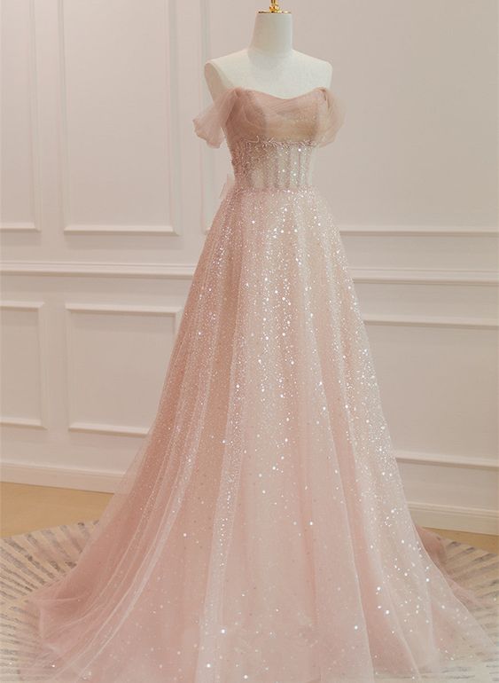 Sparkle Tulle with Beadings Long A-line Formal Dress, Tulle Sweetheart Prom Dress