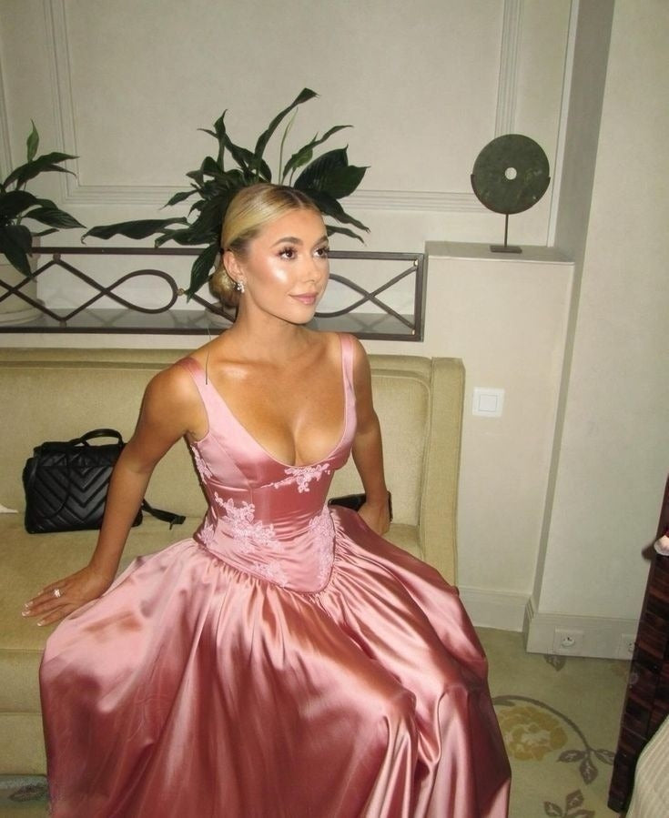 Elegant A Line Floor-length Satin Long Pink Evening Dress Prom Dresses