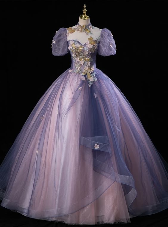 Purple Tulle Puff Sleeve Appliques Quinceanera Dress Evening Dress