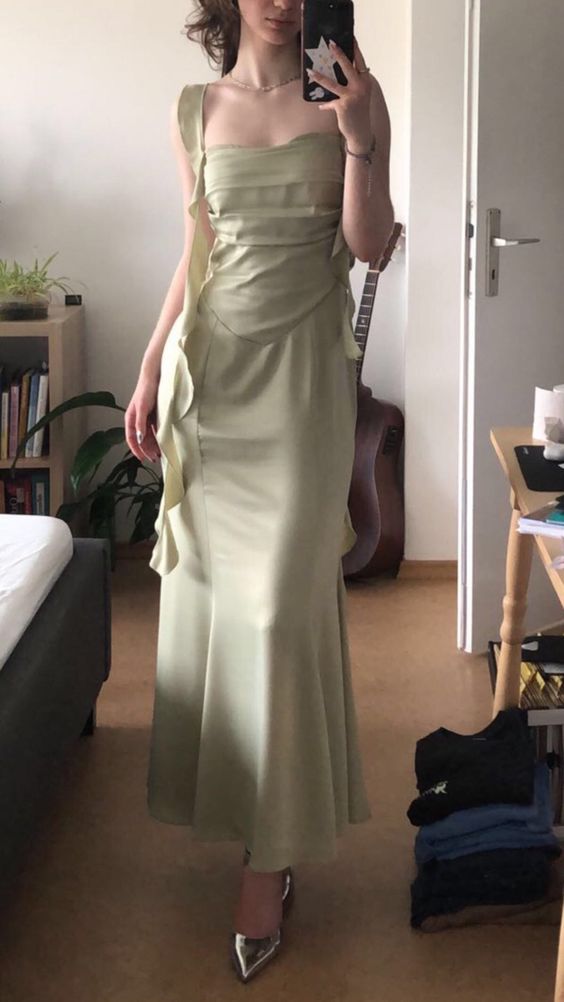 Ruffled Green Mermaid Long Prom Dresses elegant evening dress