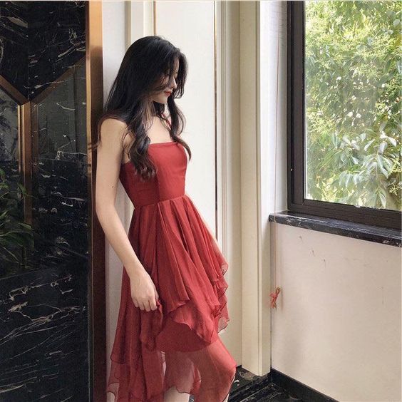 A line Spaghetti Strap Asymmetric Ruffled Evening Dresses For Women