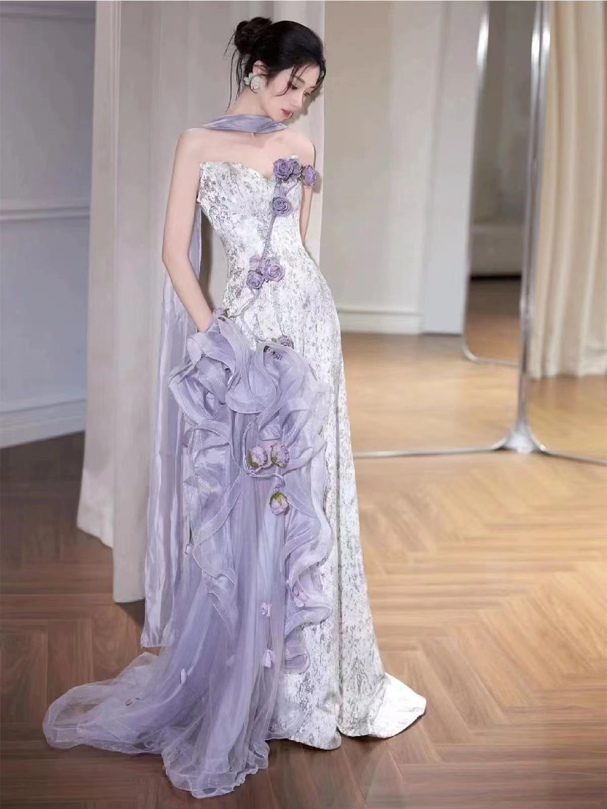Lilac Strapless Long Prom Dresses Vintage Formal Evening Dress