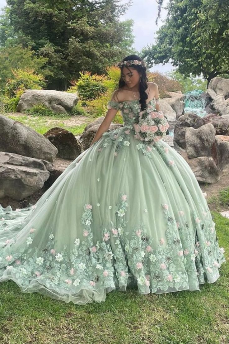 Sage Green Quinceanera Dress Off-Shoulder Applique Lace Beaded Tulle Ball Gown for Sweet 16 & 15