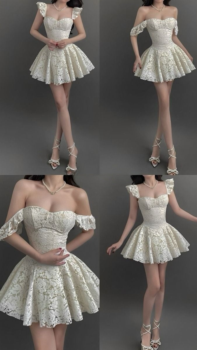 A Line White Lace Off Shoulder Short Evening Dress Cocktail Dresses Short Party Dress