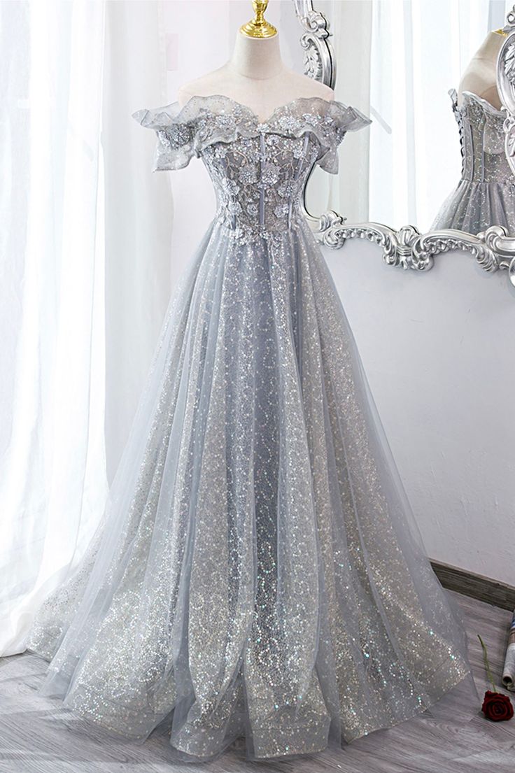 Tulle Lace Long Prom Dresses, A-Line Sequins Evening Dresses