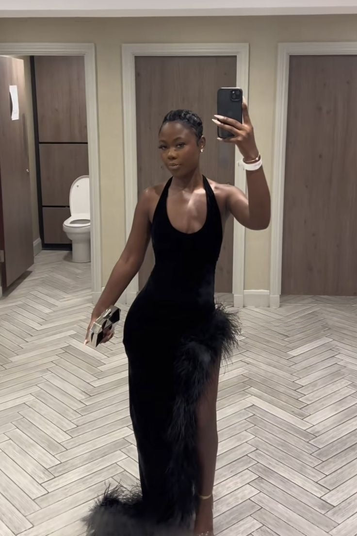 Sexy Black Halter Long Prom Dress with Feathers