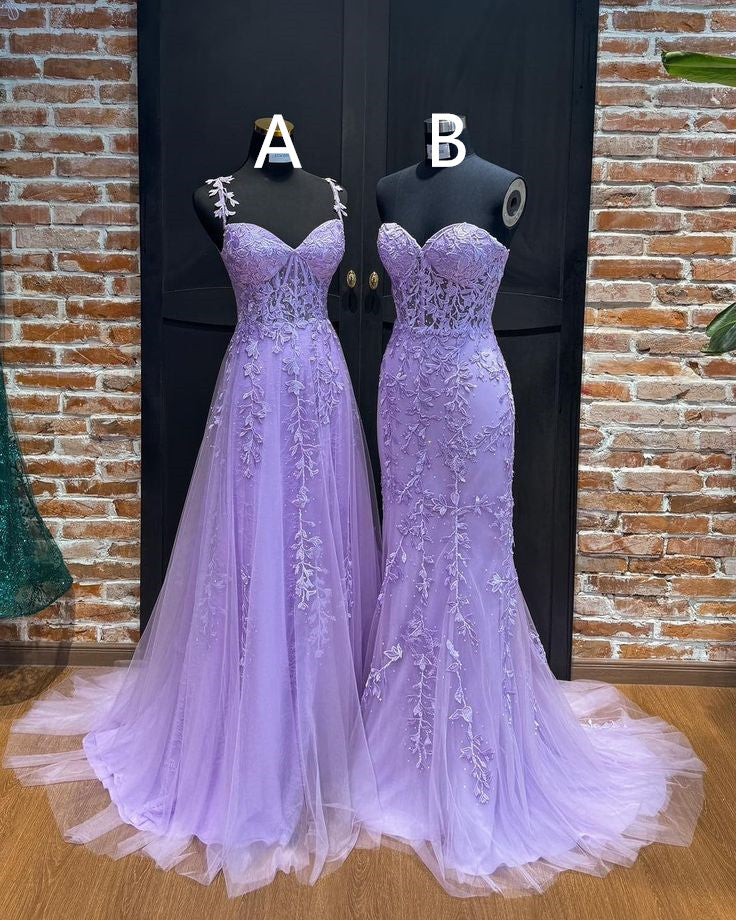 A-line V Neck Sweep Train Tulle Prom Dress with Appliqued Beading