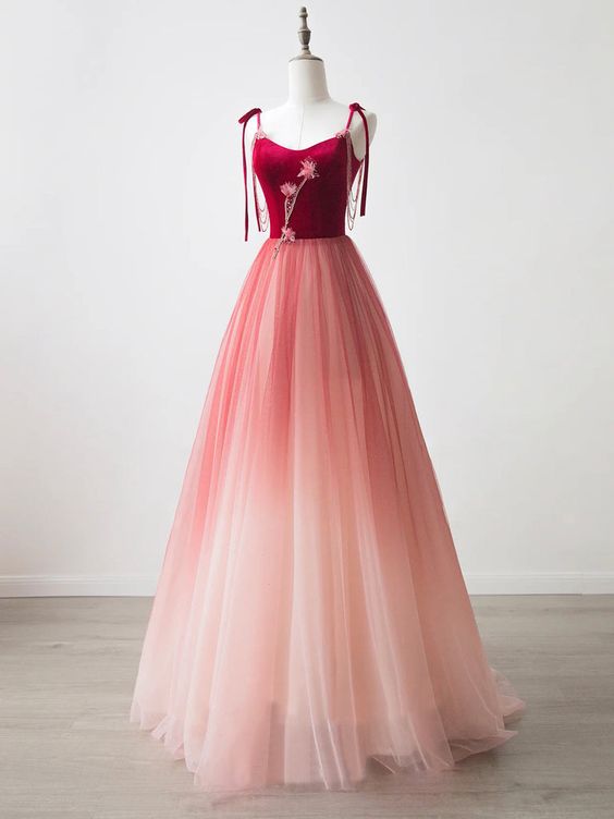 Burgundy Velvet Tulle Long Prom Dress, Beautiful A-Line Spaghetti Strap Evening Party Dress