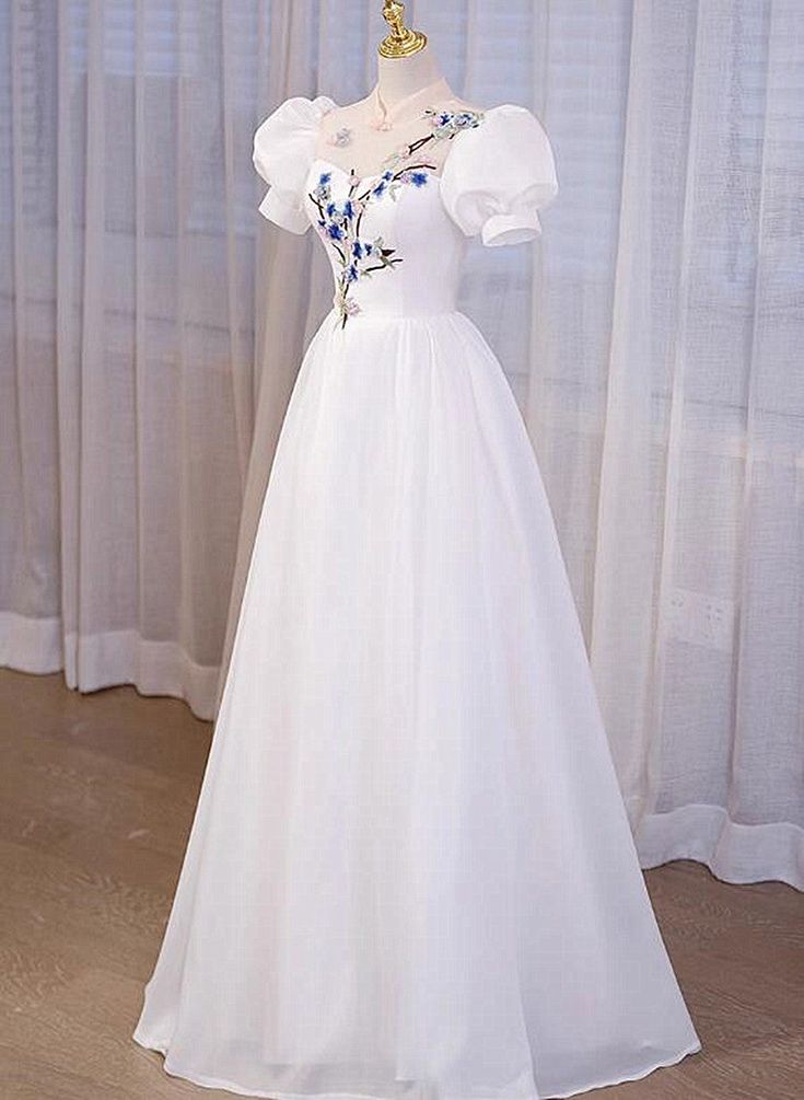 High Neckline A-line Short Sleeves Party Dress, Long Formal Dress