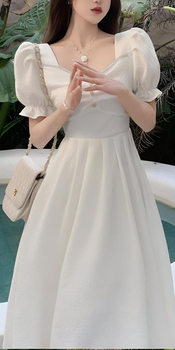 A Line White Short Sleeves Evening Gowns, Party Prom Dress