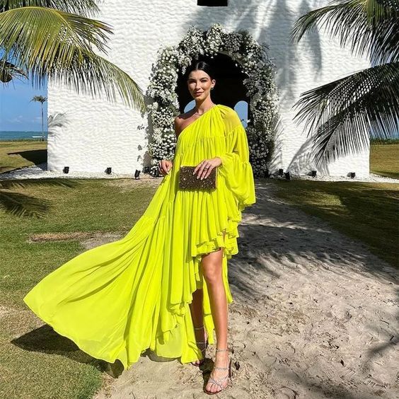 Elegant Long One Shoulder Chiffon Evening Dresses Full Sleeves With Slit A-Line Floor Length Prom Formal Dress for Women