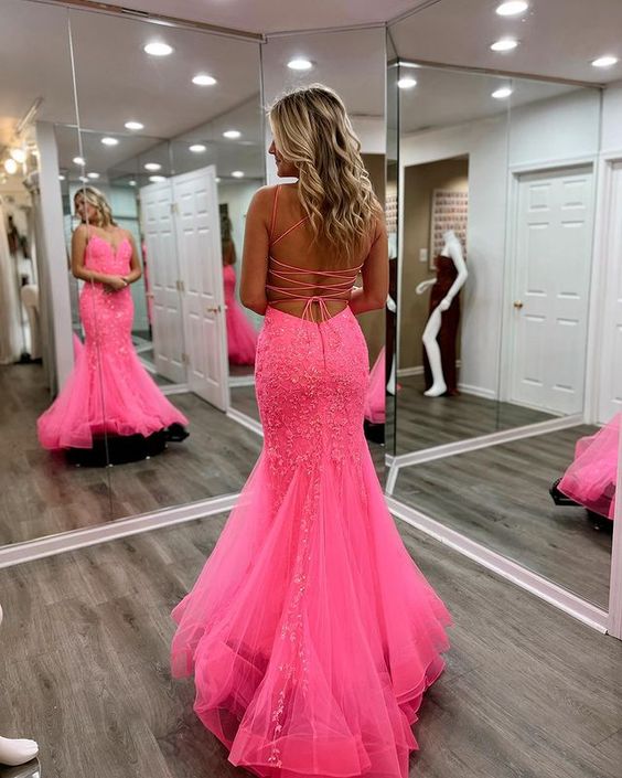 Mermaid Spaghetti Straps Hot Pink Long Prom Dress Lace Formal Dress