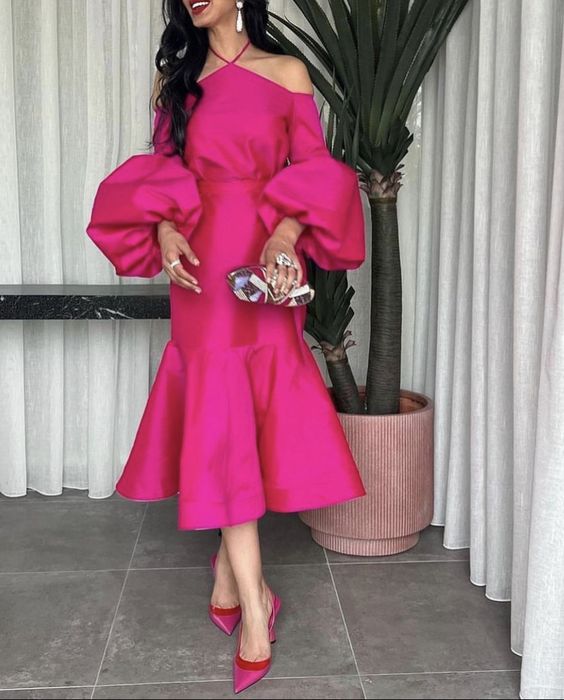 Hot Pink Halter Prom Belt Puff Sleeve Midi Party Dress Elegant Dubai Evening Dresses