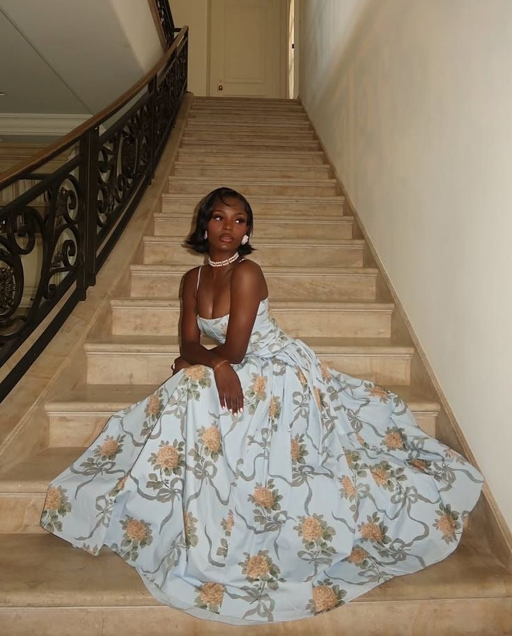 Elegant Printed Long Dress Women Square Neck A-line Robe Beach Holiday Style Long Party Dress