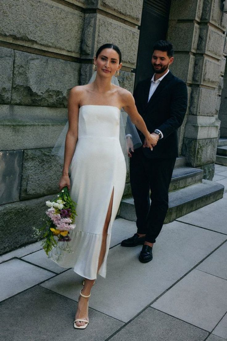 Simple Strapless Sleeveless Satin Sheath Midi Wedding Dress With Slit
