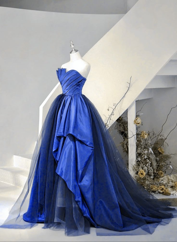 Blue Satin And Tulle Long Party Dress Prom Dress, Blue Evening Dress
