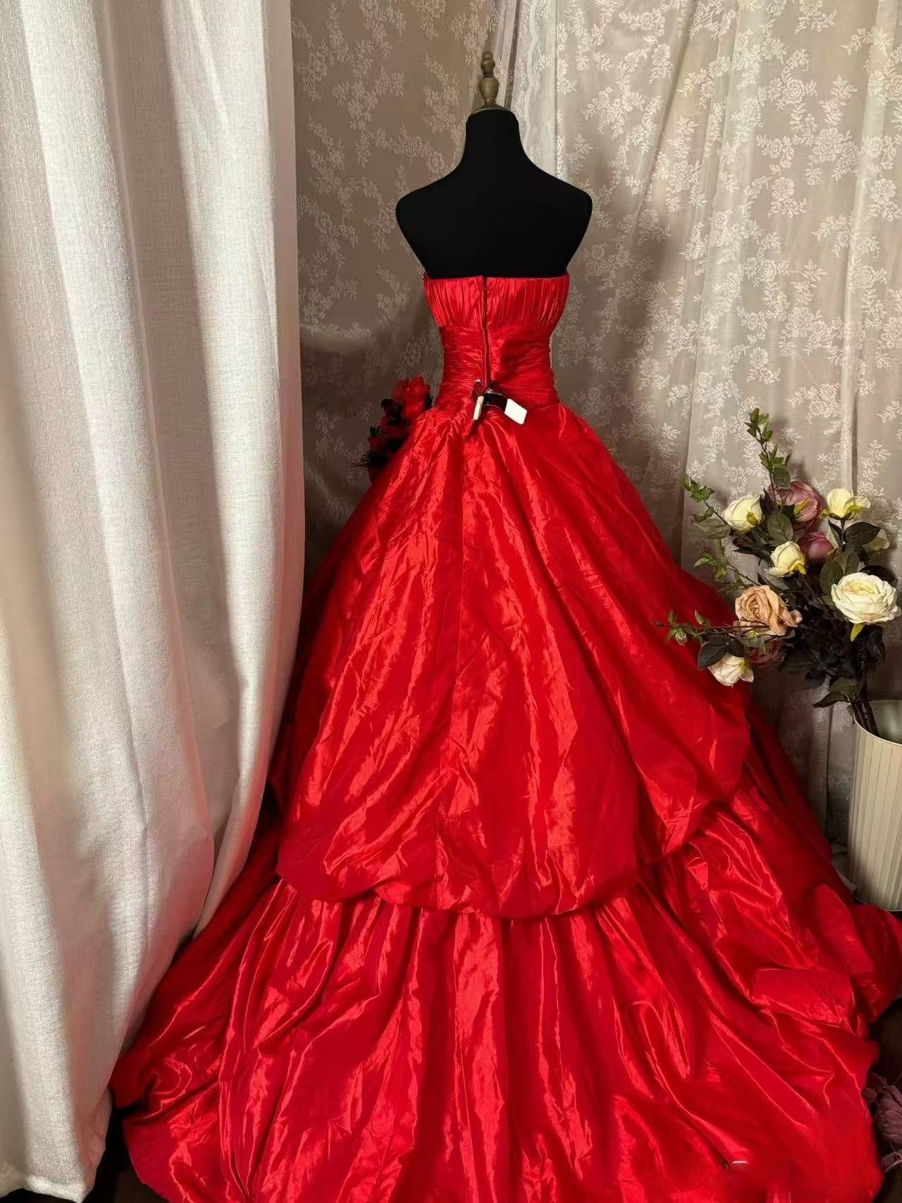 A Line Red Strapless Vintage Prom Dress Long Evening Dress