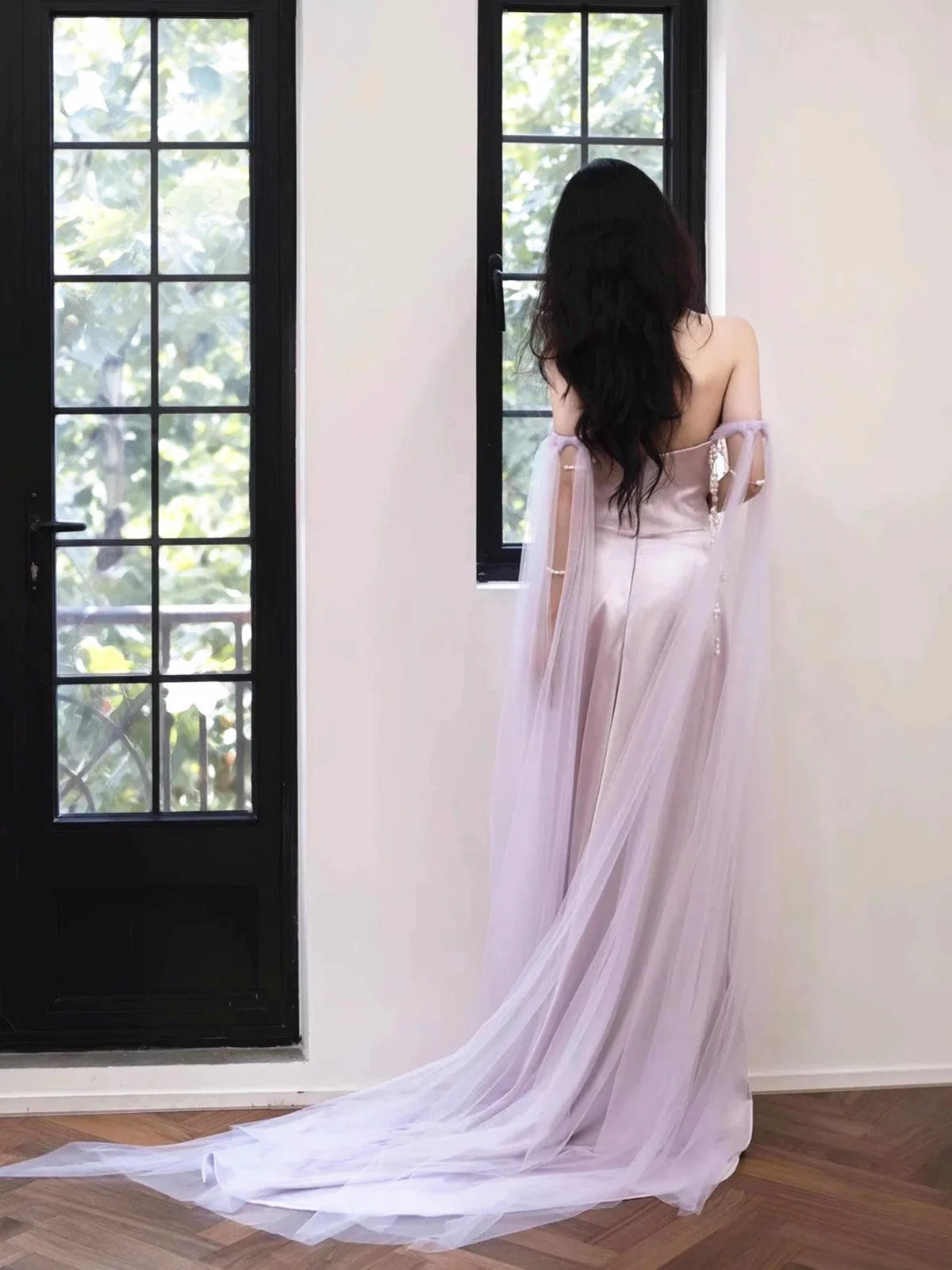 Elegant Lilac Satin Mermaid Pearls Evening Dress Long Prom Dress Wedding Dress
