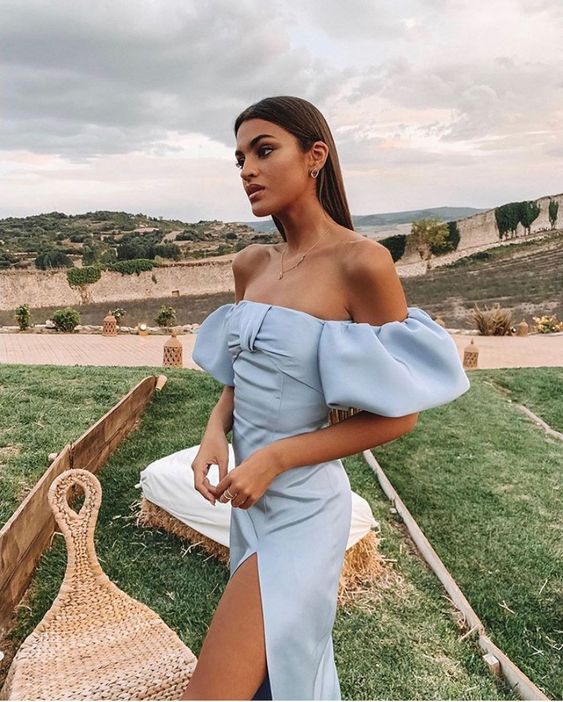 Fashion Sky Blue Off The Shoulder Mermaid Long Prom Evening Dress