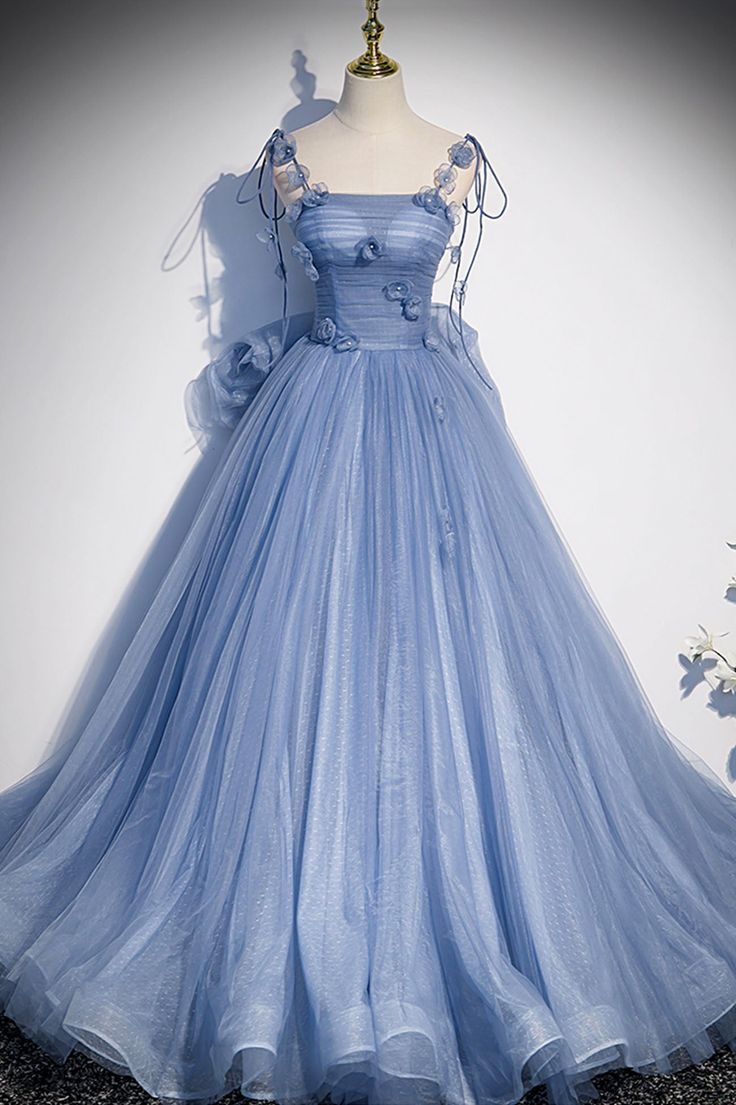 Tulle Long A-Line Prom Dress Spaghetti Straps Party Dress with Bow