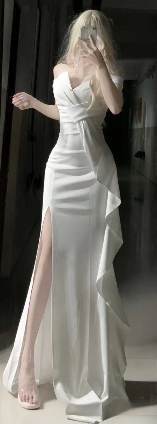 White Simple Prom Party Dress Long Formal Evening Dress
