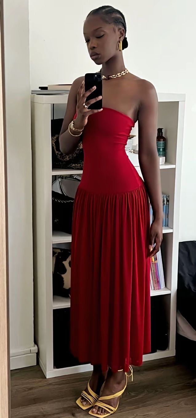 Red Strapless A-Line Long Party Dress Wedding Guest Dress