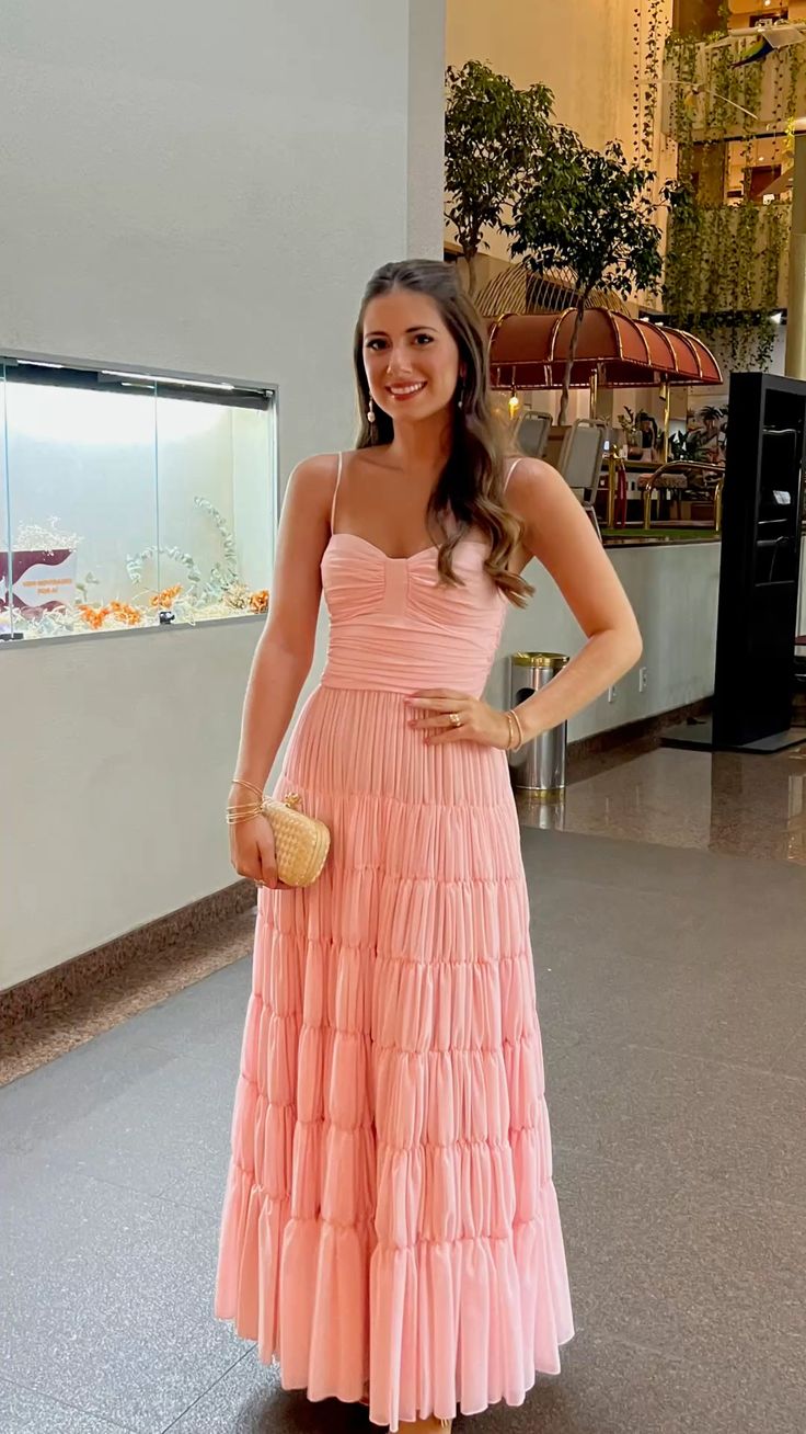 Pink A Line Spaghetti Straps Long Prom Dress Evening Party Dresses